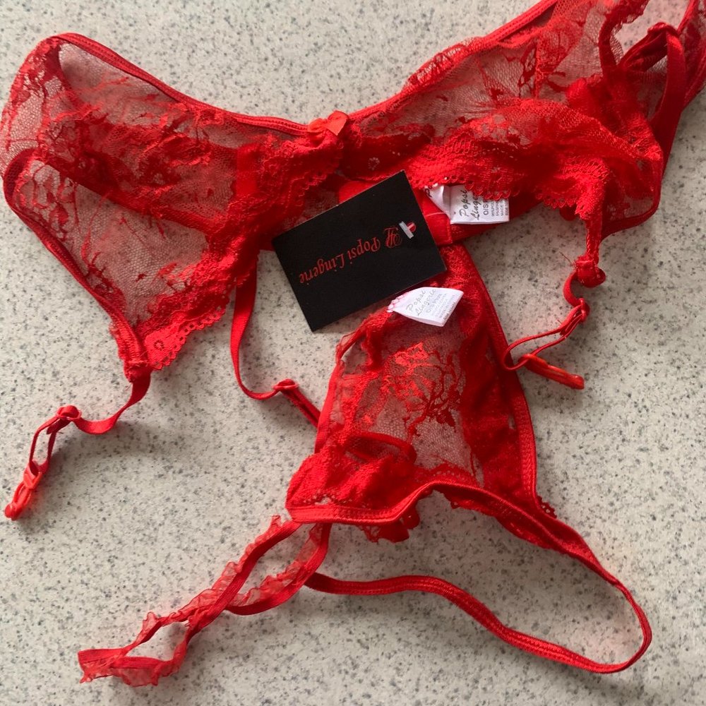 Red garter belt and thong set